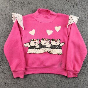 Vintage Cat Kitten Heart Sweatshirt Kids Girls Small 4-5 Ruffle Sleeve Pink Cute